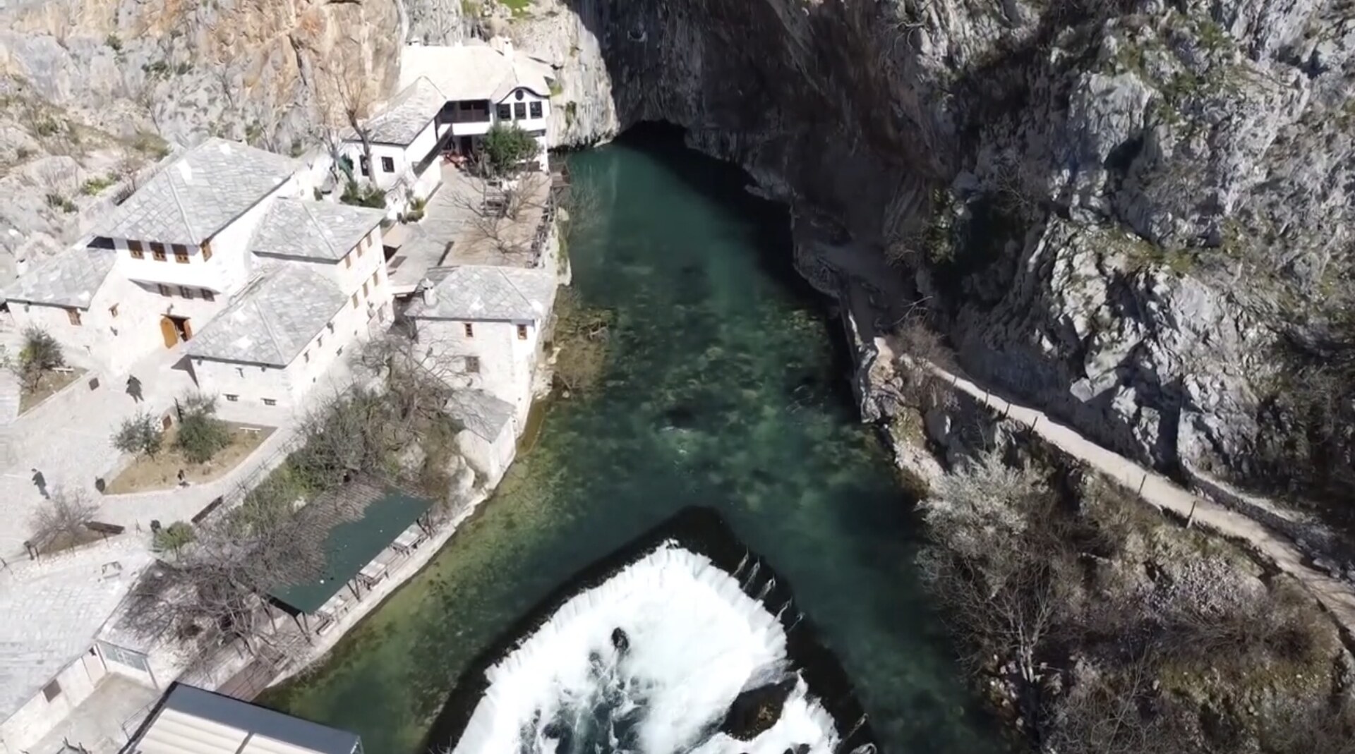 Aerial view of Blagaj Tekke, Vrelo Bune spring and the Buna River