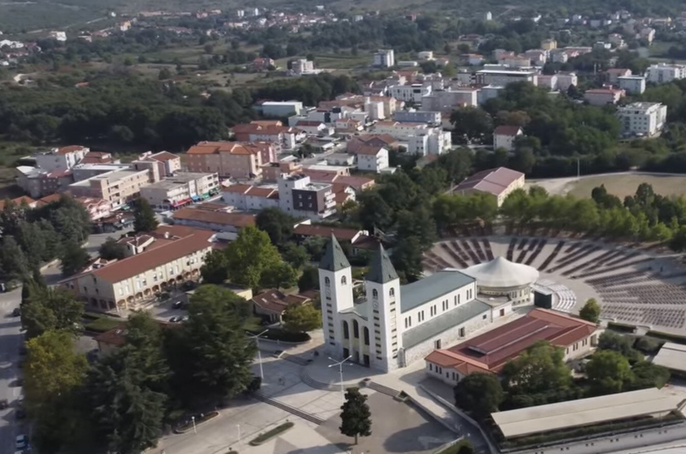 Aerial view of St James Church and the outdoor prayer area in Međugorje, Bosnia & Herzegovina