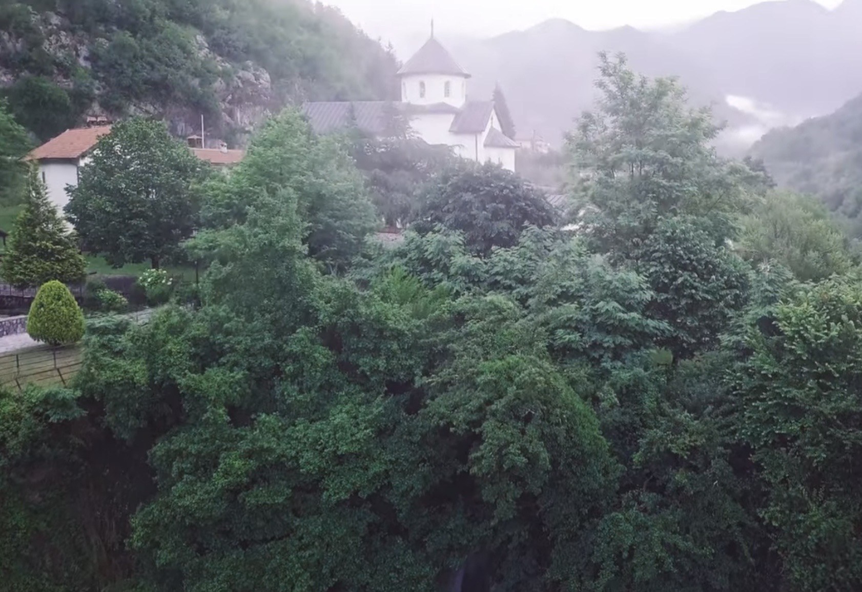 Misty valley setting of Morača Monastery, Montenegro